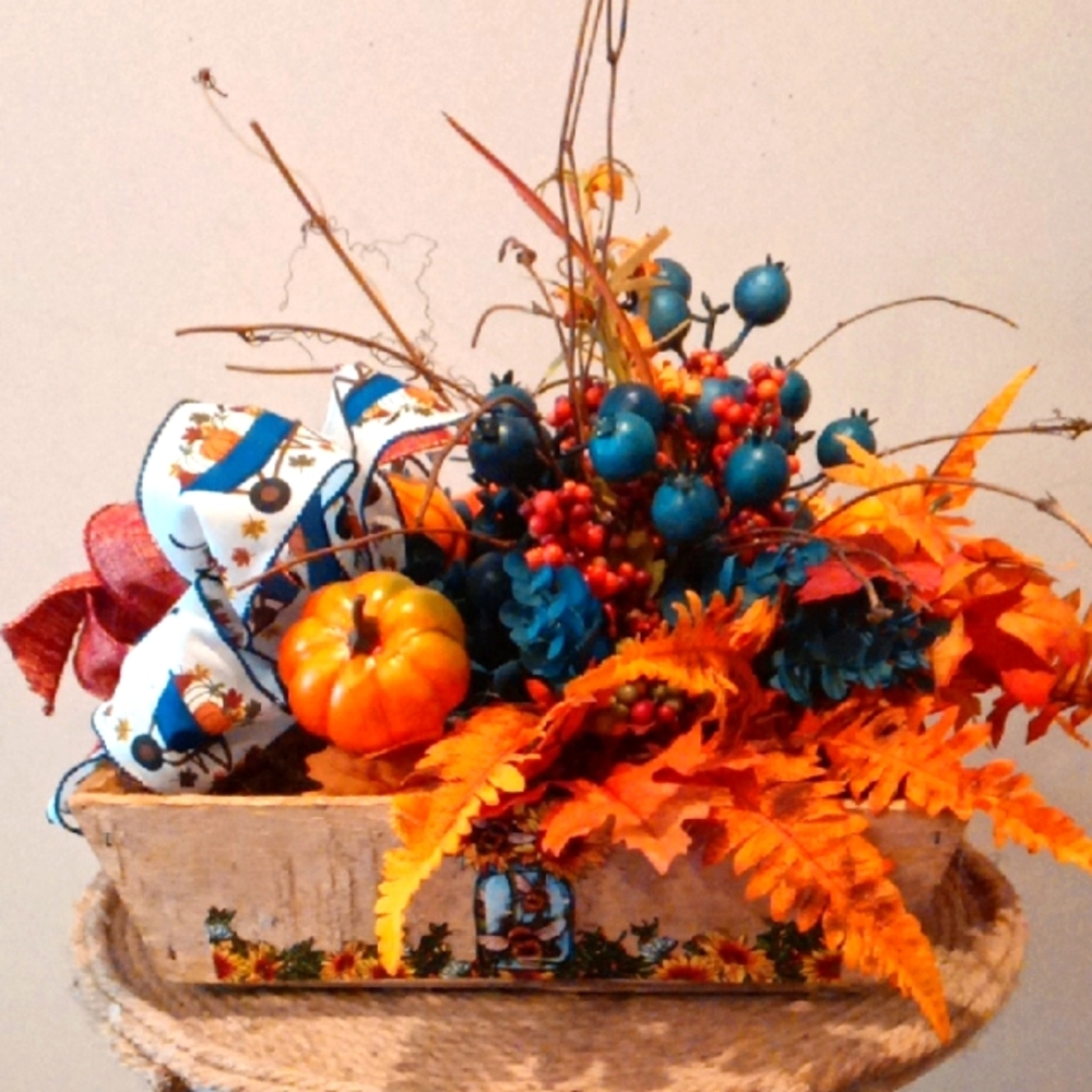 Vibrant Autumn Faux Floral Arrangement with Orange and Blue Accents